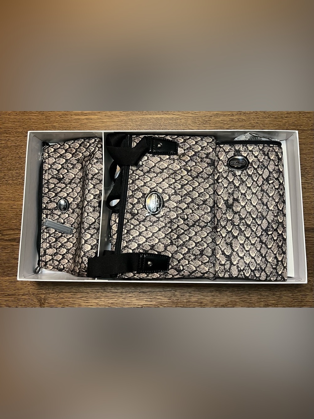 Coach Snake Print Travel Bag Set in Taupe and Black
